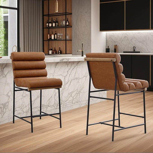 Brown Pu Leather Bar stools Set of 2, 25” Modern Upholstered Counter stools with Black Metal Legs, Armless Counter Height Chairs with Channel Tufted Back for Kitchen Island Home Pub