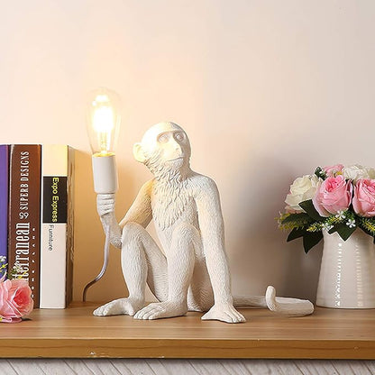Monkey Desk Lamp, Bedside Monkey Statue Light, Creative Resin Table Light Lighting Fixture for Bedroom, Kids Room, Dining Living Room-White