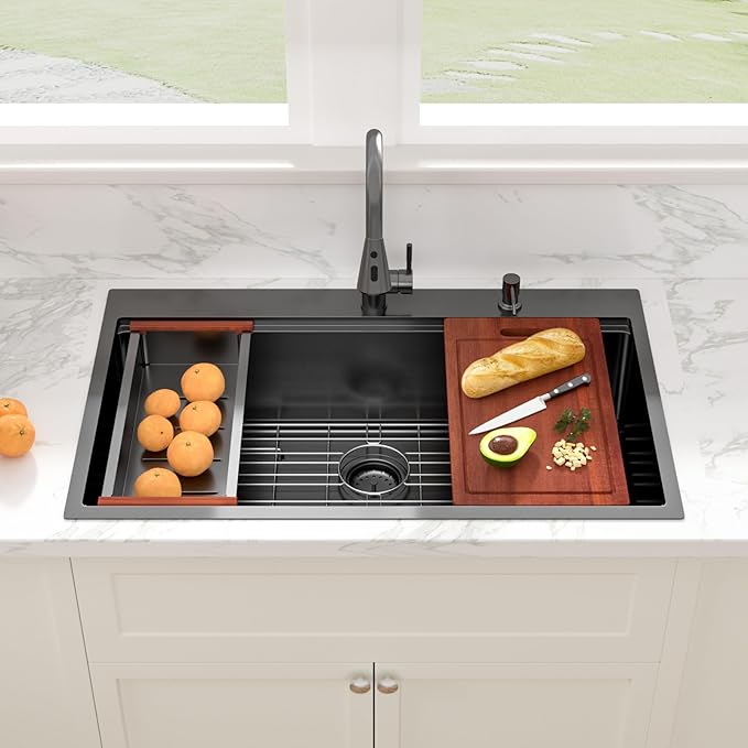 Sarlai 36 Inch Drop In Kitchen Sink - 36x22 Black Drop Kitchen Sink Ledge Workstation 16 Gauge Stainless Steel Gunmetal Black Sinks Topmount Single Bowl Over Counter Sinks Basin Round Corners