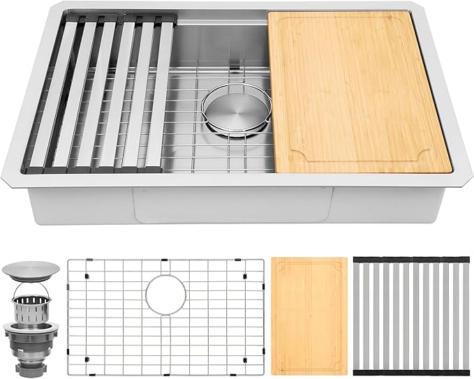 Undermount Kitchen Sink 27 x 18 Inch, 16 Gauge T-304S Stainless Steel Workstation Sinks with Ledge & Accessories, 27" x 18" x 6" ADA-Compliant Kitchen Sink, 6 Inch Deep RV Kitchen Sink