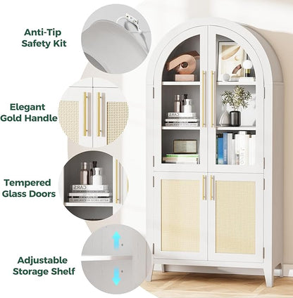 63" Arched Storage Cabinet, 5-Tier Modern Arched Cabinet with Glass Doors, Tall Arched Cabinet Adjustable for Living Room, Dining Room Office, White