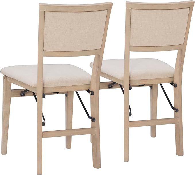 Linon Keira Natural Rustic Wooden Folding Chair with Beige Upholstered Seat and Back Set of 2