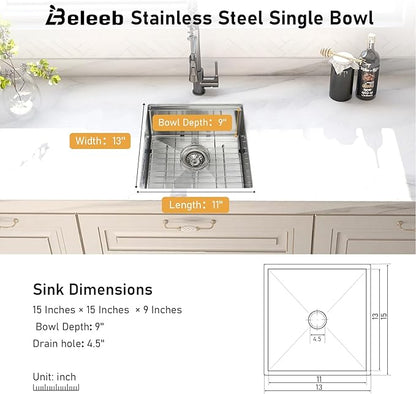 13 x 15 Undermount Bar Sink Workstation, 18 Gauge Stainless Steel Bar Small Sink - 9 Inches Deep Basin Single Bowl with Accessories