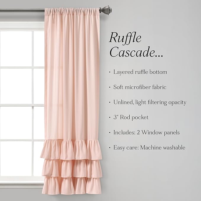 Lush Decor Allison Ruffle Light Filtering Window Curtain Panels Pair 40" W x 45" L Blush - Coquette Curtains for Bedroom - Drapes - Ruffle Curtains Kids