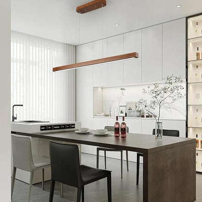 31.5" Wood Linear Pendant Light – Dimmable LED Chandelier with Remote, Adjustable Modern Farmhouse Lighting for Kitchen Islands, Dining Rooms & Bars Walnut Color (19W Energy-Efficient)