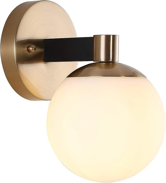 JONATHAN Y 5.75" Brass Gold/Black 1-Light Modern Globe LED Vanity Wall Sconce Light, White Frosted Glass Shade, Mid-Century Art Deco Wall Lamp for Bathroom, Kitchen, Hallway JYL3540A