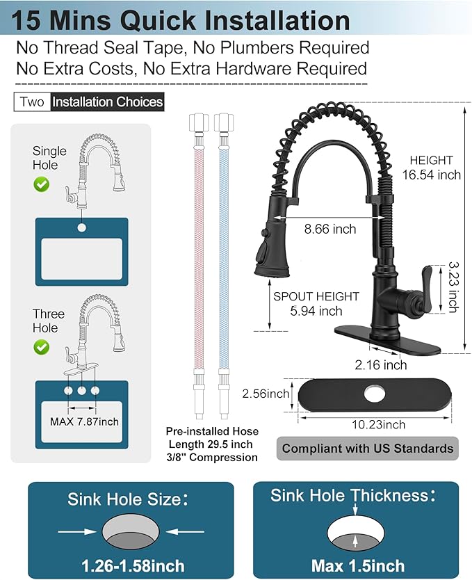 3-Function Kitchen Faucets with Pull Down Sprayer, 1 Hole or 3 Hole Kitchen Faucet Black, 1 Handle Kitchen Sink Faucets, 360 Degree Swivel Stainless Steel Faucet for Kitchen Sink with Deck Plate