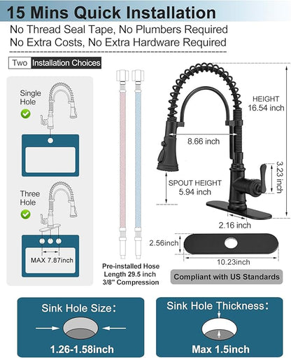 3-Function Kitchen Faucets with Pull Down Sprayer, 1 Hole or 3 Hole Kitchen Faucet Black, 1 Handle Kitchen Sink Faucets, 360 Degree Swivel Stainless Steel Faucet for Kitchen Sink with Deck Plate