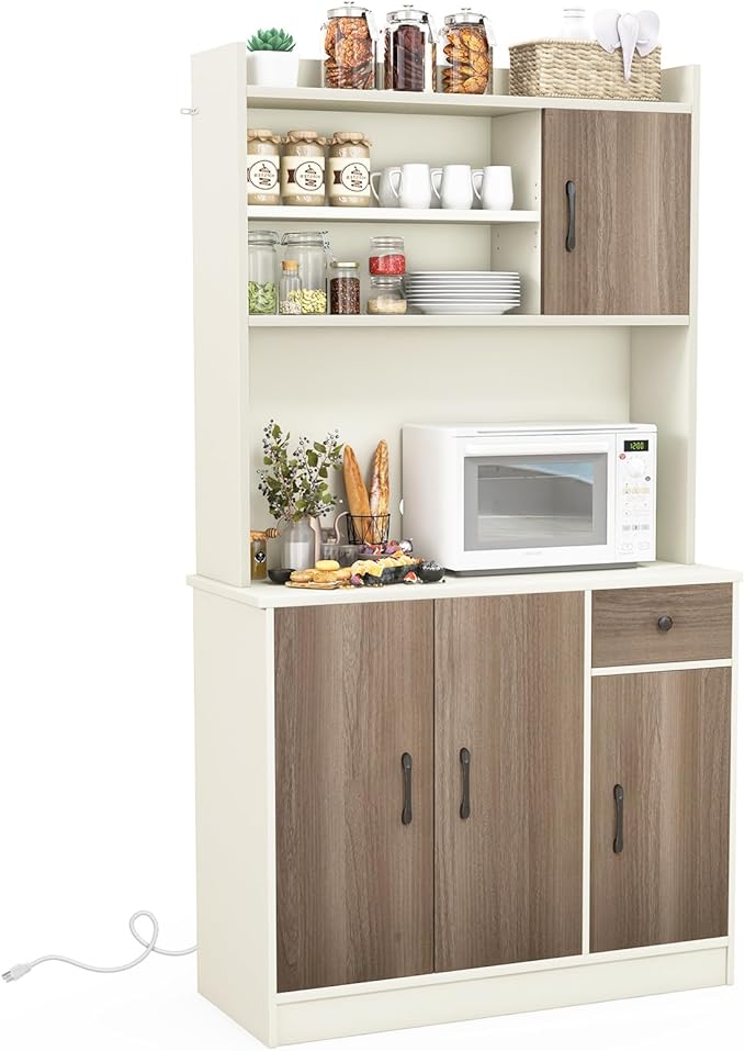 LOKO Kitchen Storage Cabinet with Charging Station, 71" Tall Pantry Hutch with Adjustable Shelves, 3 Cabinets & Cable Holes, Freestanding Cupboard Organizer for Kitchen, Dining Room