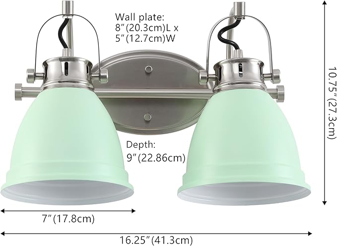 JONATHAN Y 16.25" Mint Green/Nickel 2-Light LED Vanity Light, Adjustable Wall Sconce for Bathroom Mirror, Farmhouse Bohemian Kitchen Light, Iron Black Bell Shade (JYL1115C)