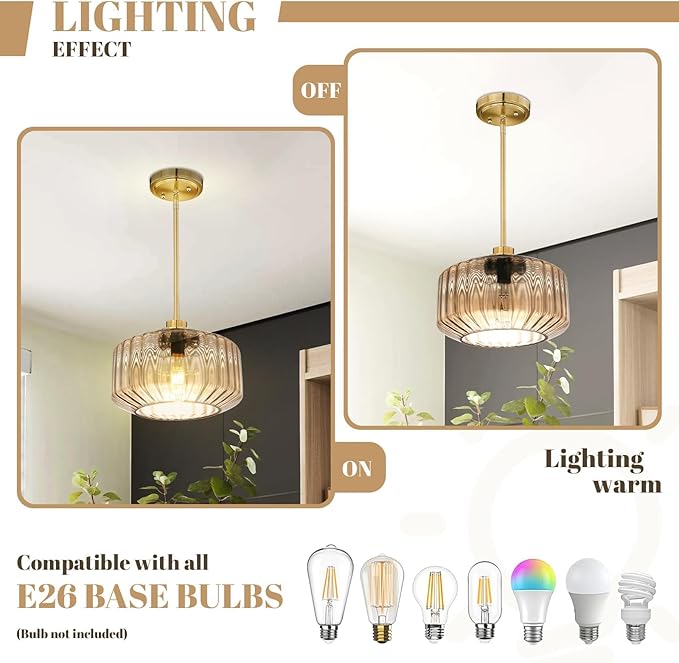 Modern Gold Pendant Light Mid-Century Chandelier for Dining Room, Amber Stripe Glass Shade, Adjustable Height Hanging Lamp for Breakfast Nook Bedroom Dining Room Living Room
