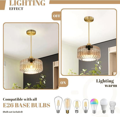 Modern Gold Pendant Light Mid-Century Chandelier for Dining Room, Amber Stripe Glass Shade, Adjustable Height Hanging Lamp for Breakfast Nook Bedroom Dining Room Living Room