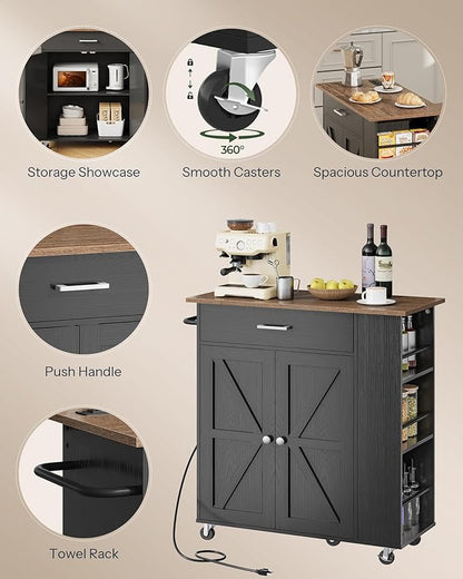 CHOEZON Kitchen Island Cart with Storage, Bar Cart with Charging Station, Kitchen Island on Wheels, Rolling Mobile Table with Cabinet, 3 AC Outlets, Black and Walnut MZD04UBL