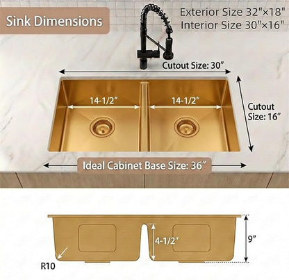 32 inch Double Bowl Kitchen Sink,Gold Undermount Kitchen Sink 32 X 18 inch,16 Gauge Stainless Steel Undermount Sinks,Special Low-Divide Design