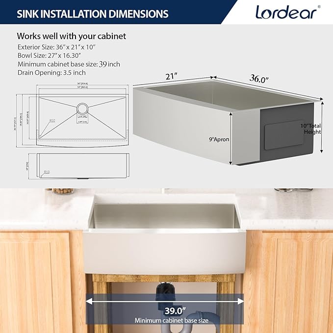 Lordear 36 Inch Farmhouse Kitchen Sink Stainless Steel Apron Front Farm Sink 16 Gauge Single Bowl Handmade Kitchen Basin with Accessories