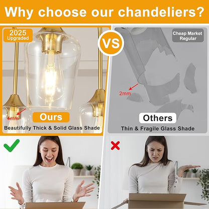38" Dining Room Light Fixture/Chandelier Over Table, 8-Light Brushed Gold Kitchen Island Lighting with Clear Glass Shade, Modern Hanging Pendant Lights Fixture for Kitchen Island, Dining Room, Bar