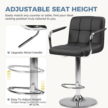 DUMOS Bar Stools Set of 4, Adjustable Swivel Bar Chairs with Padded Armrests and Ergonomic Backrest for Kitchen Island Counter Pub Dining Room, Water-Resistant PU Leather, Black