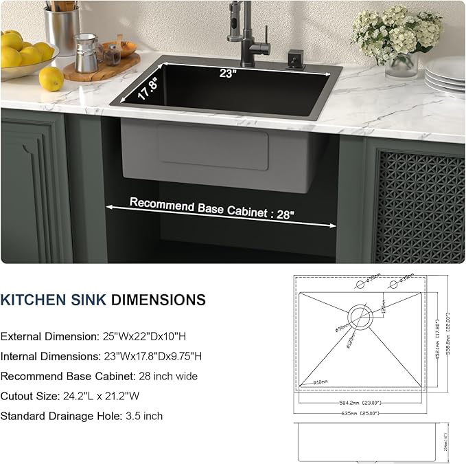 Lordear 25 Drop In Kitchen Sink 25 x 22 inch Gunmetal Black Drop Sink 16 Gauge Stainless Steel Single Bowl Topmount Over Counter Bar Prep Kitchen Sinks Basin