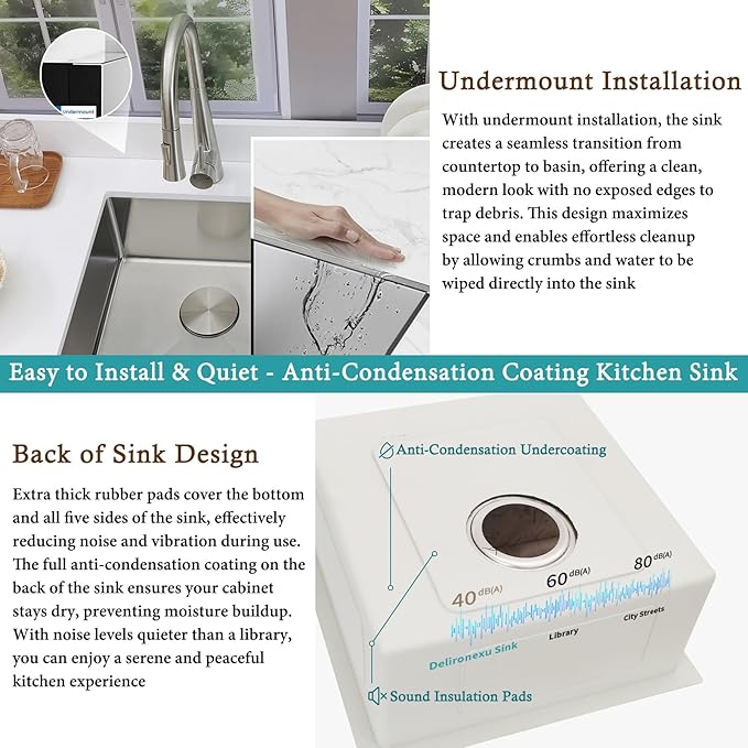 15 Inch Undermount Bar Sink, Delironexu 18 Gauge 304 Stainless Steel Small Bar Sink, 15" x 17" x 7" Prep/RV/Wet Sink with 3.5" Drain, Drain Assembly & Towel