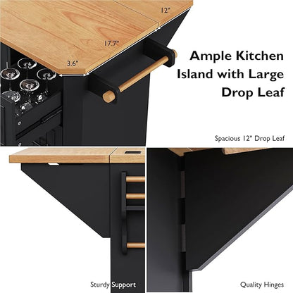 Ball & Cast 56" Large Kitchen Island with Drop Leaf and Power Outlet,Rolling Kitchen Cart on 4 Wheels W/ 6 Drawers,Folding Storage Dining Table W/Spice & Towel Rack,for Kitchen,Dining Room,Black
