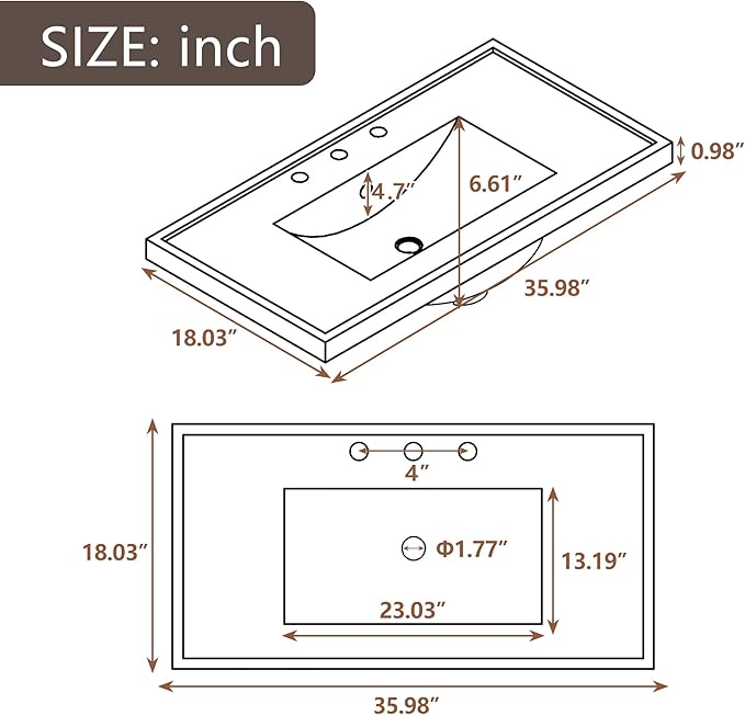 36"x18" Bathroom Vanity Sink Top Only, Center-Located Undermount Countertop, Fit for 4" Centerset Faucet (Not Included), White