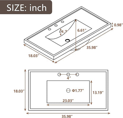 36"x18" Bathroom Vanity Sink Top Only, Center-Located Undermount Countertop, Fit for 4" Centerset Faucet (Not Included), White