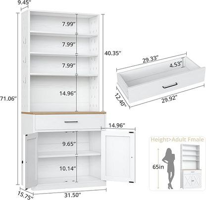 IRONCK Bakers Rack Microwave Stand Storage and Customizable Pegboard, 71" Farmhouse Coffee Bar Cabinet with Drawer, Barn Doors, Adjustable Shelves for Kitchen, Dining Room, White