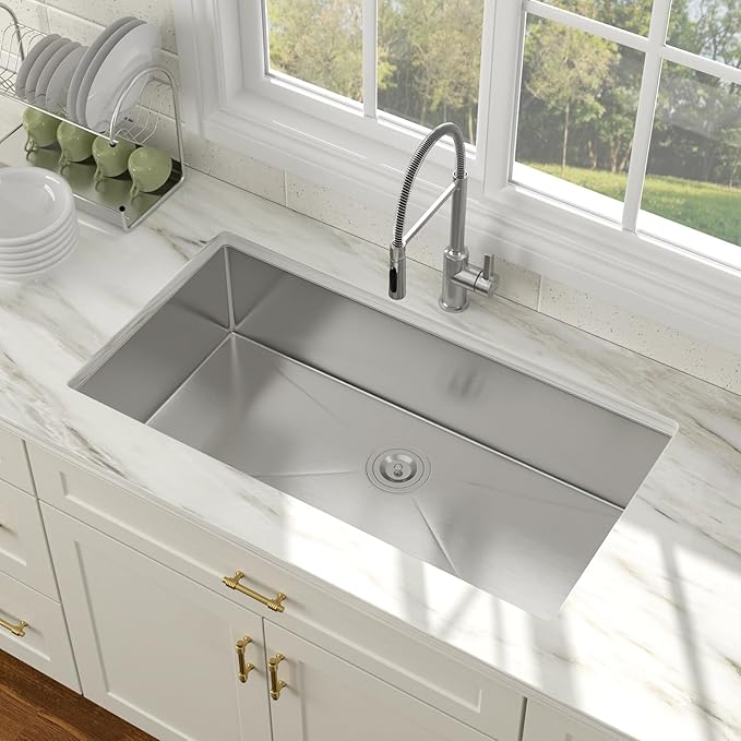 36 Inch Undermount Kitchen Sink 16 Gauge Stainless Steel Single Bowl Rectangular Handmade Sinks Large Deep Under Counter Basin, 36"x19"x9"