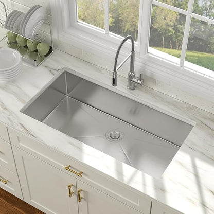 36 Inch Undermount Kitchen Sink 16 Gauge Stainless Steel Single Bowl Rectangular Handmade Sinks Large Deep Under Counter Basin, 36"x19"x9"