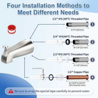 Universal Tub Spout with Diverter, Fits 1/2" Slip on Copper Pipe and 1/2" IPS & 3/4" IPS Threaded, Bathroom Tub Faucet Replacement, Bathtub Spout with Adapter and Hex Wrench (Brushed Nickel)
