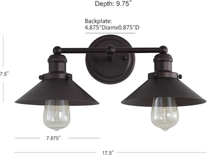 JONATHAN Y 17.5" Oil Rubbed Bronze 2-Light Industrial Farmhouse Metal Vanity Light Wall Sconce, Metal Shade for Bathroom Mirror, Kitchen, Entryway, LED Bulb Included (JYL7427A)