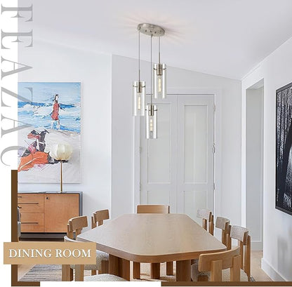 Modern Cluster Pendant Lights, Brushed Nickel Cluster Chandelier with Clear Ribbed Glass, 3 Light Pendant Lighting for Kitchen Island, Staircase, Dining Room, Living Room