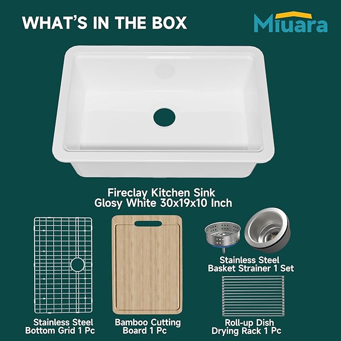 Miuara White Undermount Workstation Kitchen Sink 30 Inch - Topmount Fireclay Drop In Sink 30"x19"x10", Dual Mount Heavy Duty Deep Single Bowl, with 4 Custom Accessories, for Kitchen, Island