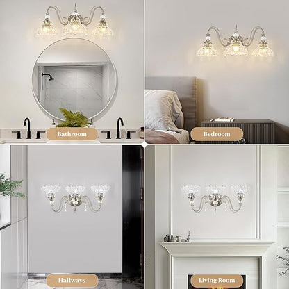 Brushed Nickel Bathroom Vanity Light, 3-Light Nickel Finish Wall Sconce with Hanging Crystal Accents and Flower-Shaped Clear Glass Shades, Modern Wall Mount Vanity Light Over Mirror for Bathroom