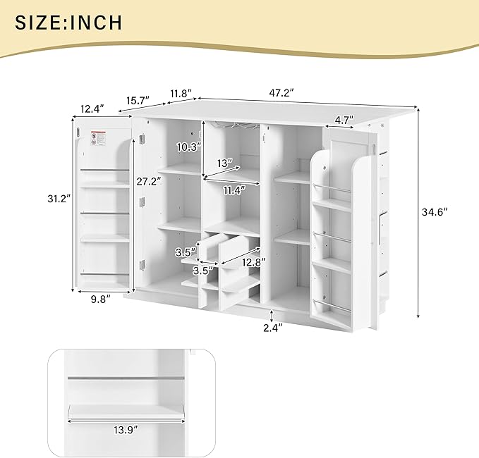 47.2" Kitchen Island with Drop Leaf & Power Outlet, Wine Bar with Bottle Rack & Glass Holder, 2-Door Buffet Sideboard with Side Shelves for Dining Room (White-85R)