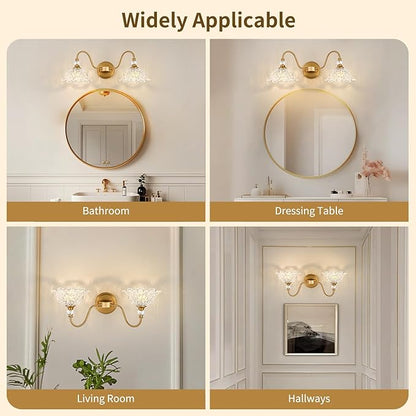 Vintage Bathroom Vanity Light, 2-Light Matte Brass Finish Vanity Light with Floral Clear Glass Shades, Retro Wall Sconce for Bathroom, Dressing Table