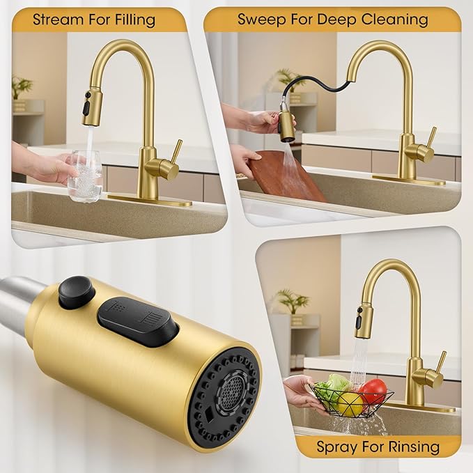 Brushed Gold Kitchen Faucet with Pull Down Sprayer, High Arc Single Handle Stainless Steel 1 or 3 Hole Faucet for Kitchen Sink, Farmhouse, RV, Laundry, Bar, Outdoor