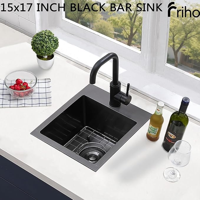 Friho Drop-in Black Bar Sink, 15"x 17" Inch Small Kitchen Sink, Stainless Steel Handmade Single Bowl Topmount RV Kitchen Sinks With Dish Grid & Basket Strainer