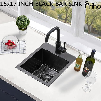Friho Drop-in Black Bar Sink, 15"x 17" Inch Small Kitchen Sink, Stainless Steel Handmade Single Bowl Topmount RV Kitchen Sinks With Dish Grid & Basket Strainer