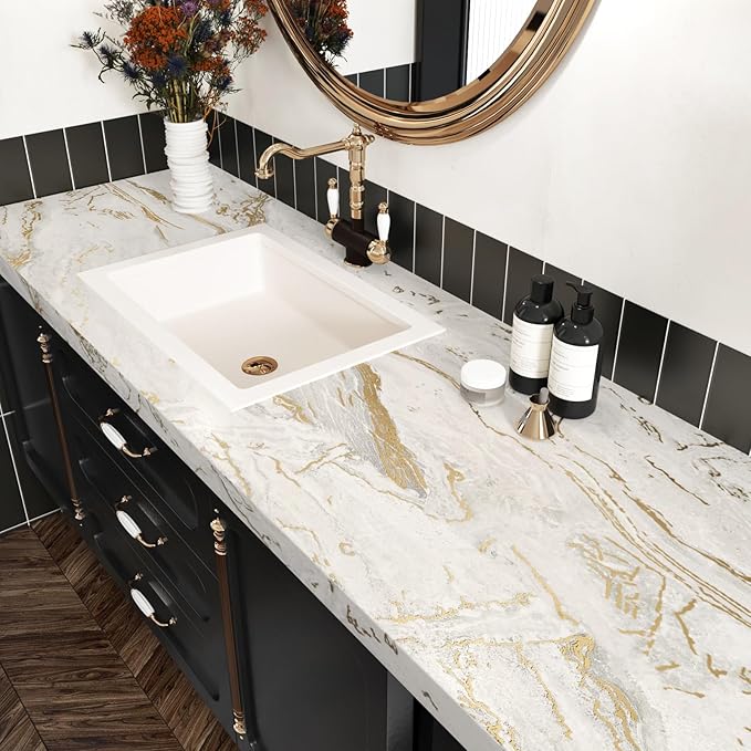 Wallercity Matt Beige Gold Marble Contact Paper for Countertops Self Adhesive Countertop Wall Paper for Kitchen Bathroom 24''x118'' Peel and Stick Marble Wallpaper Vinyl Waterproof Film for Cabinets