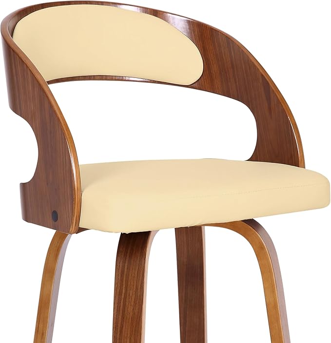 Armen Living Shelly 30" Bar Height Swivel Cream Faux Leather and Walnut Wood Bar Stool - Set of 4