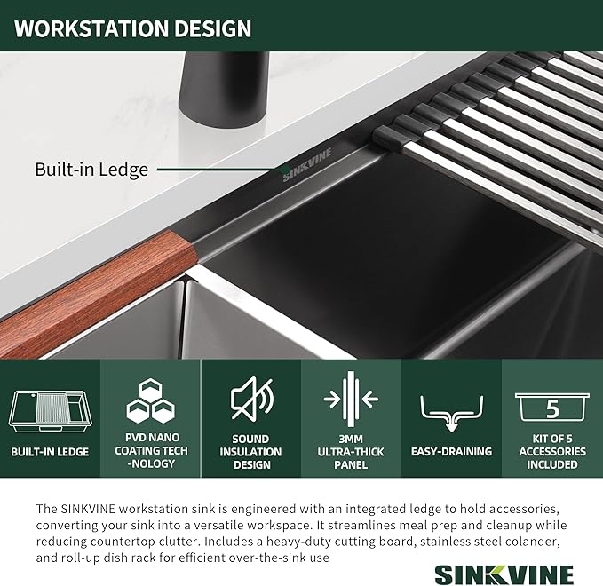 33-inch Black Undermount Kitchen Sink Workstation, SINKVINE 33x19 Large Outdoor Prep Sink, PVD Nano Stainless Steel Single Bowl w/Wood Cutting Board, SST Colander, and Roll-up Dish Drying, Dark Gray