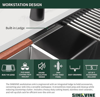33-inch Black Undermount Kitchen Sink Workstation, SINKVINE 33x19 Large Outdoor Prep Sink, PVD Nano Stainless Steel Single Bowl w/Wood Cutting Board, SST Colander, and Roll-up Dish Drying, Dark Gray