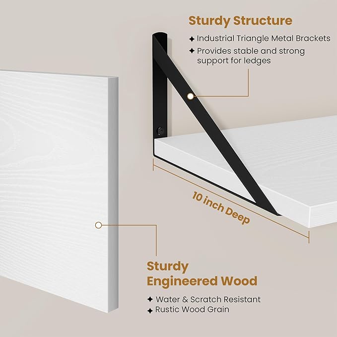 Acovy Deep Floating Shelves for Wall,30" Wx10 D Wood Floating Shelf Set of 2,Sturdy Metal Bracket Wide Display & Storage,Wall Mounted Hanging Floating Shelves for Living Room,Bedroom,Kitchen,White