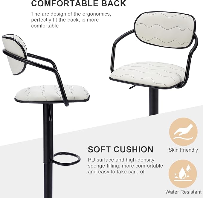 VECELO Bar Stools Set of 2, Adjustable Counter Height Barstools with Back and Arm, Swivel Bar Chairs/PU Leather Kitchen Island Stools for Pub/Dining Room/Living Room, White