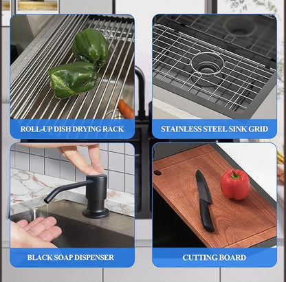 Black Kitchen Sink Workstation, 33x22 Inch Stainless Steel Drop In Kitchen Sink Modern Large Single Bowl Kitchen Sink Gift Combo-SS Grid,Drying Rack,Cutting Board,Soap Dispenser, Drain Strainer Set