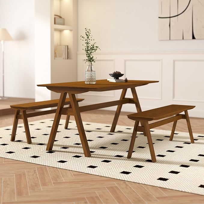 DUOMAY Wooden Dining Table with Bench Set, 59" Wide Rectangle Kitchen Table with 2 Long Benches for 4-6 for Home Small Space, Walnut Color