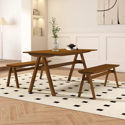 DUOMAY Wooden Dining Table with Bench Set, 59" Wide Rectangle Kitchen Table with 2 Long Benches for 4-6 for Home Small Space, Walnut Color