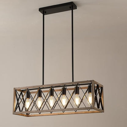 Farmhouse Dining Room Light Fixtures,Rustic Vintage Antique Linear Chandeliers for Dining Room,Kitchen Island,Bar,Office Coffee Shop,Oak White and black Adjustable Hanging Pendant Light 6-Lights