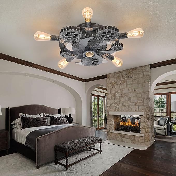 20" Retro Industrial Steampunk Ceiling Fans with Lights and Remote,Low Profile Flush Mount Bladeless Ceiling Fan with Light,Nautical Style 6 Speeds for Bedroom Kitchen Island Bar Cafe
